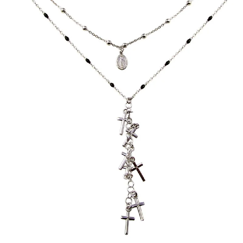 Rhodium Plated 925 Sterling Silver Dangling Crosses Enamel Bead Necklace - ECN00061RH