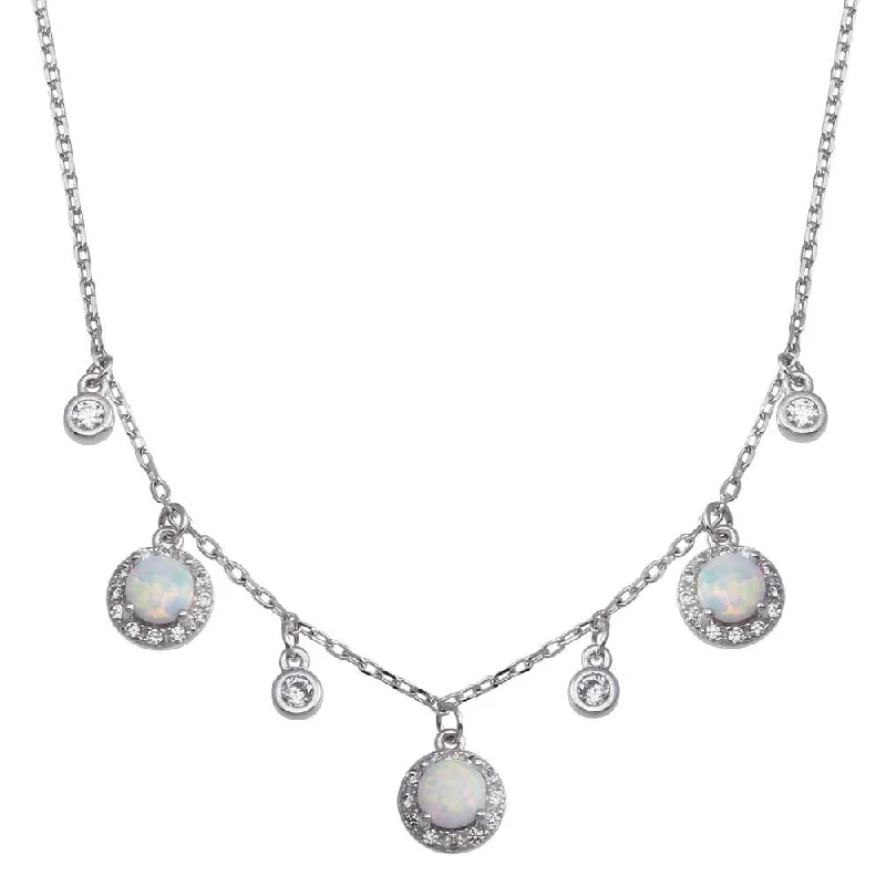 Rhodium Plated 925 Sterling Silver Dangling CZ and Round Synthetic Opal Necklace - BGP01377