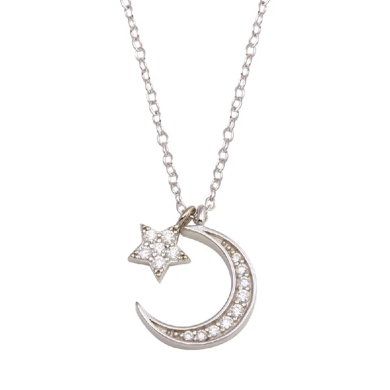 Rhodium Plated 925 Sterling Silver Dangling Flower Crescent CZ Necklace - STP01741