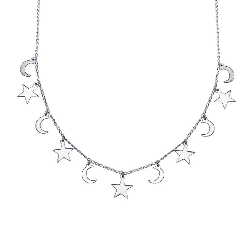 Rhodium Plated 925 Sterling Silver Dangling Star and Moon Chain Necklace - DIN00106RH