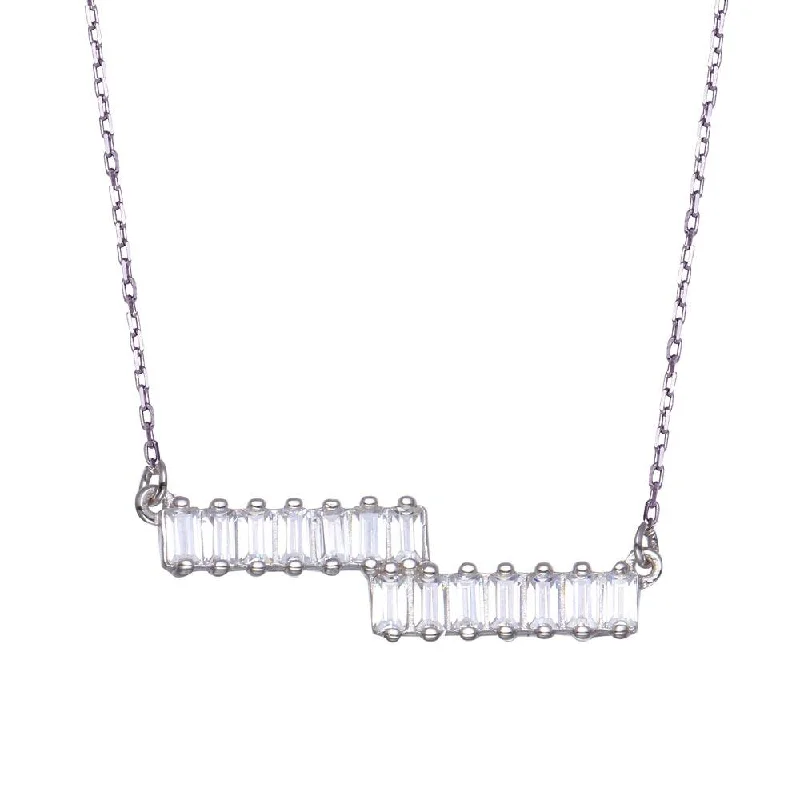 Rhodium Plated 925 Sterling Silver Double Baguette Horizontal Bar CZ Necklace - BGP01360