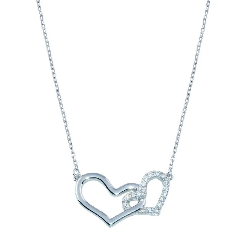 Rhodium Plated 925 Sterling Silver Double CZ Heart Necklace - BGP01396