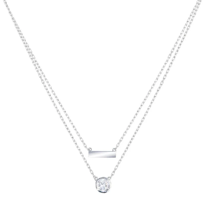 Rhodium Plated 925 Sterling Silver Double Strand CZ and Bar Necklace - STP01798