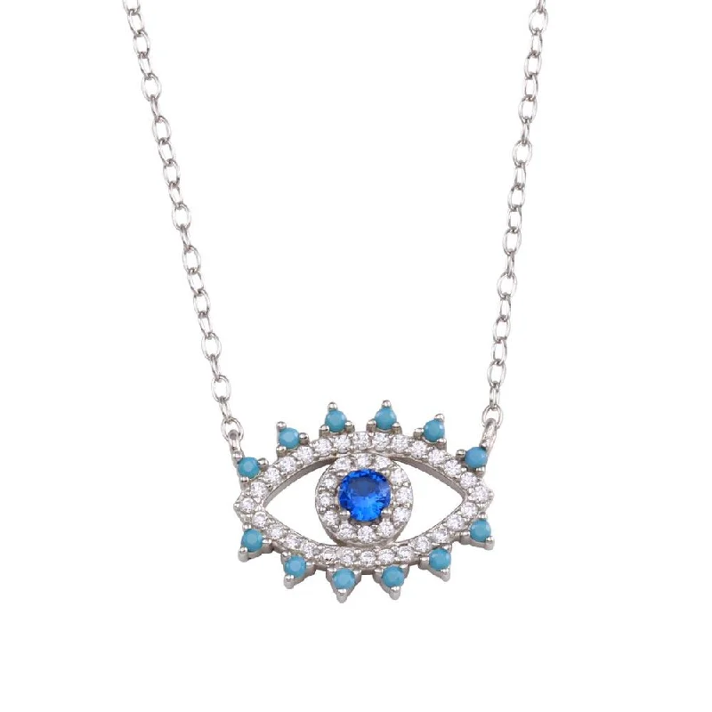 Rhodium Plated 925 Sterling Silver Evil Eye Blue CZ Necklace - STP01772RH