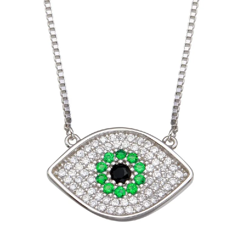 Rhodium Plated 925 Sterling Silver Evil Eye Necklace with Green and Clear CZ - GMN00084