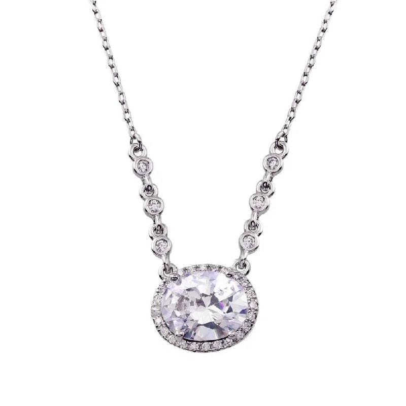 Rhodium Plated 925 Sterling Silver Floating Halo Oval CZ Necklace - BGP01348