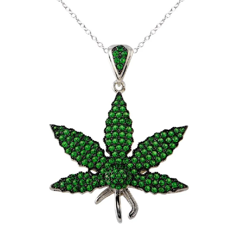 Rhodium Plated 925 Sterling Silver Green CZ Marijuana Leaf Necklace - BGP01340