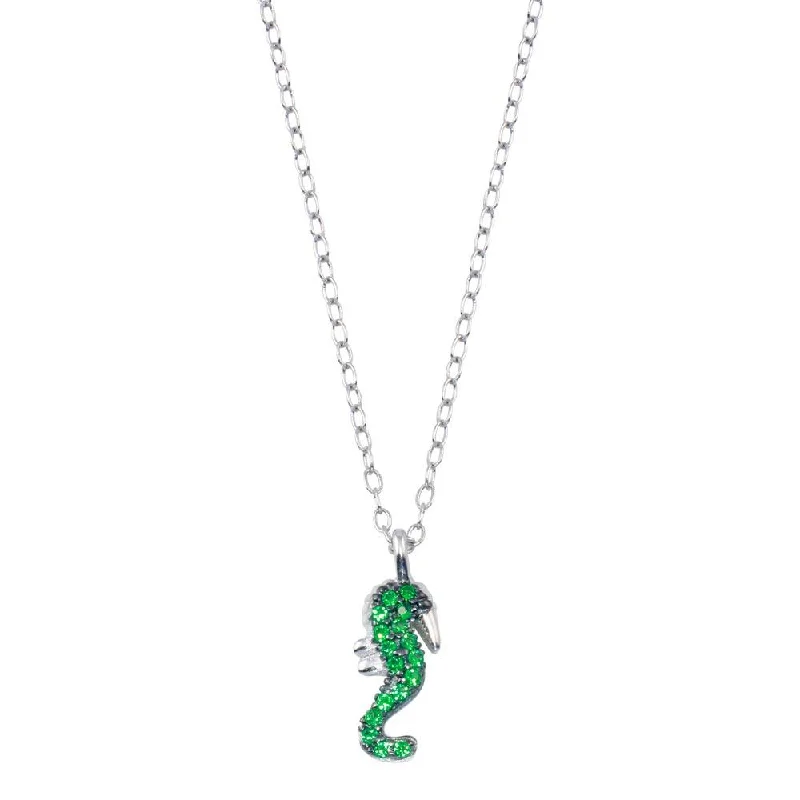 Rhodium Plated 925 Sterling Silver Green Seahorse Necklace  - STP01797