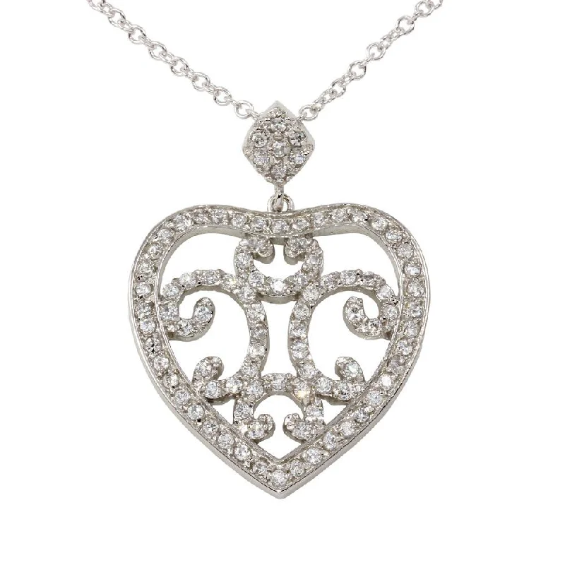 Closeout-Rhodium Plated 925 Sterling Silver Heart Pendant Necklace with CZ - BGP00080