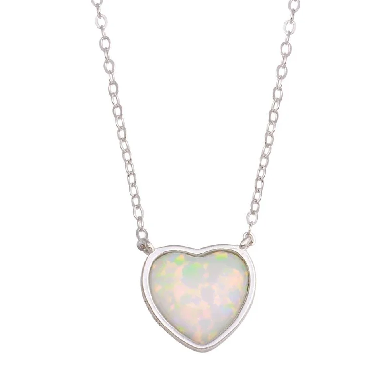 Rhodium Plated 925 Sterling Silver Heart Synthetic Opal Necklace with CZ - STP01739