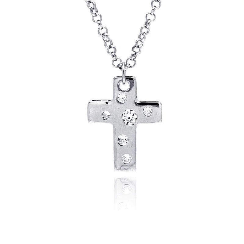 Closeout-Silver 925 Rhodium Plated High Polish Cross Multi Sized Clear CZ Pendant Necklace - BGN00013