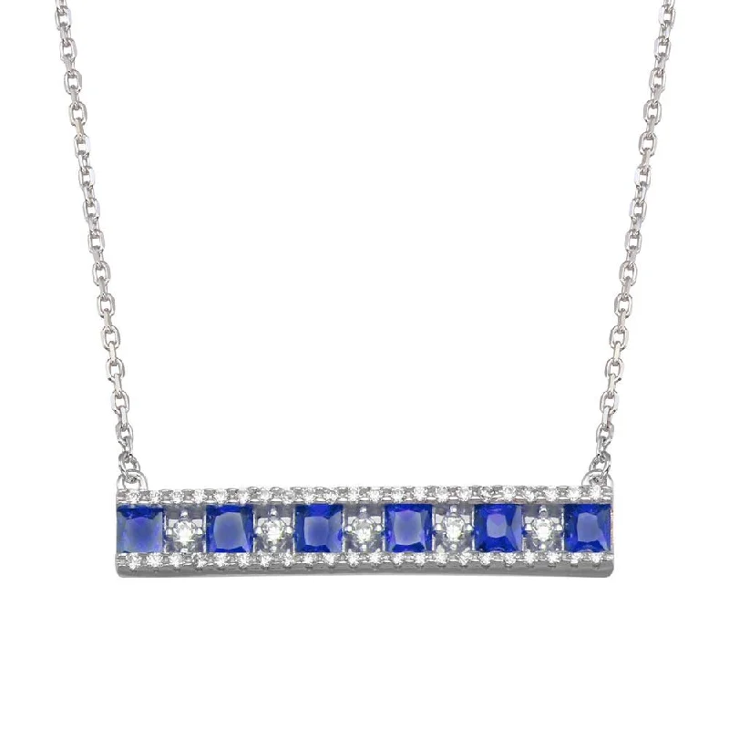 Rhodium Plated 925 Sterling Silver Horizontal Bar Blue CZ Necklace - BGP01368BLU