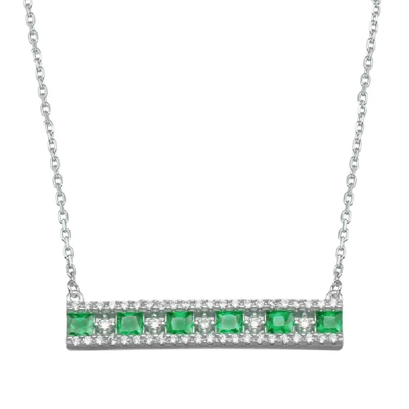 Rhodium Plated 925 Sterling Silver Horizontal Bar Green CZ Necklace - BGP01368GRN