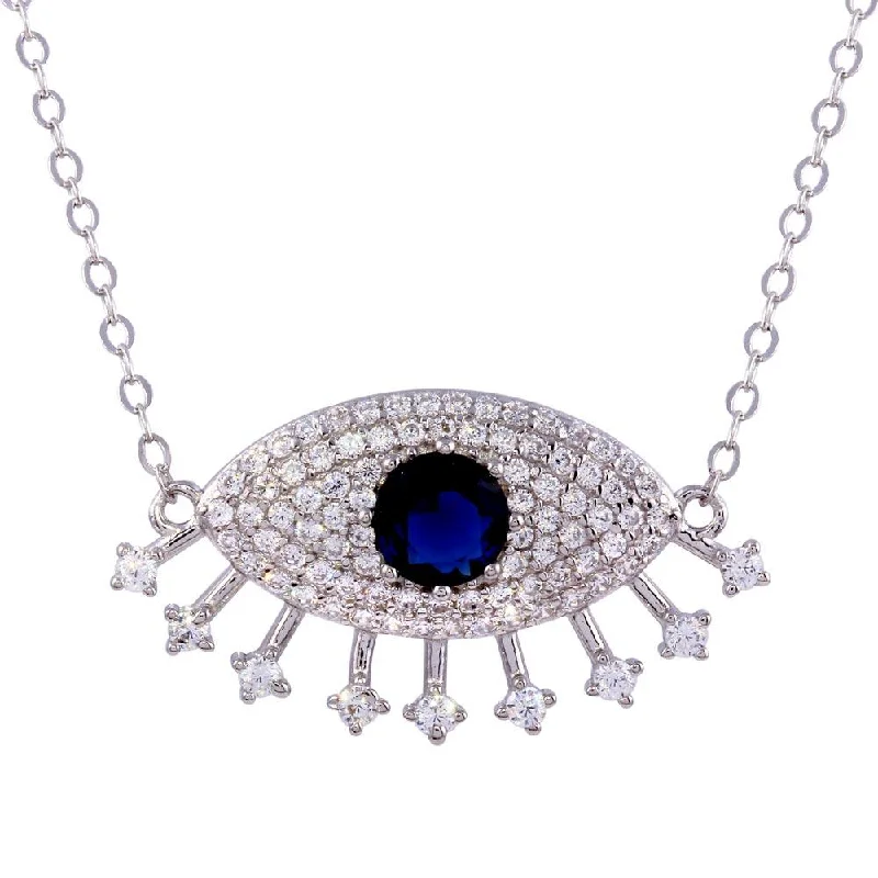 Rhodium Plated 925 Sterling Silver Large Evil Eye Pendant Necklace with Clear and Blue CZ - STP01758