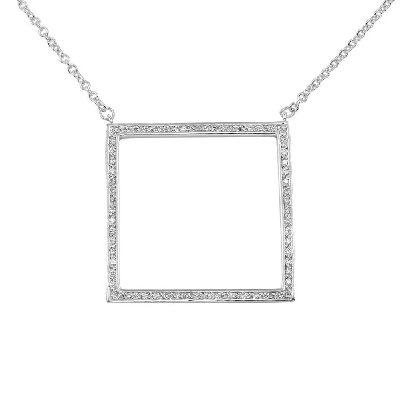 Closeout-Rhodium Plated 925 Sterling Silver Large Open Square Pendant Necklace with CZ - N000006