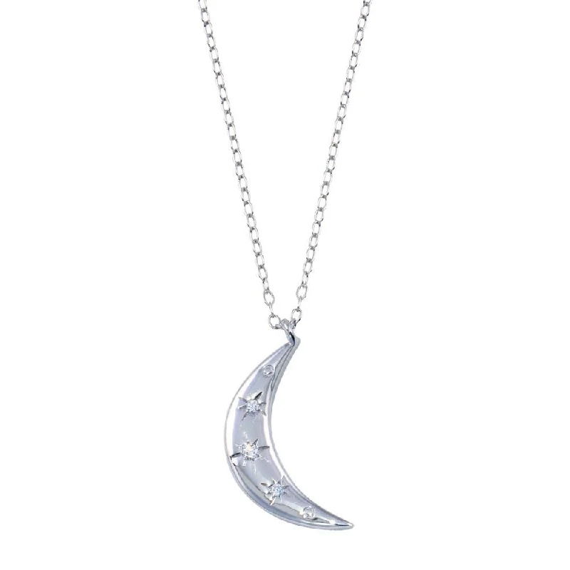 Rhodium Plated 925 Sterling Silver Moon CZ Necklace  - STP01792