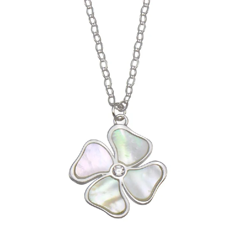 Rhodium Plated 925 Sterling Silver Mother of Pearl and CZ Clover Necklace - GMN00085