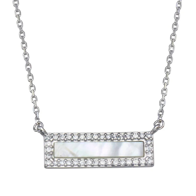 Rhodium Plated 925 Sterling Silver Mother Of Pearl Halo Bar Necklace - GMN00100