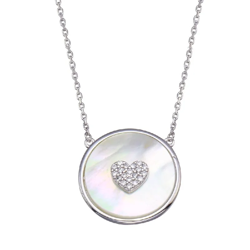 Rhodium Plated 925 Sterling Silver Mother Of Pearl Disc with CZ Heart Necklace - GMN00101