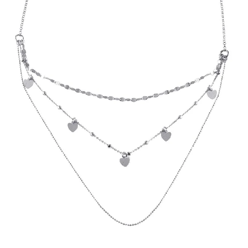 Rhodium Plated 925 Sterling Silver Multi Chain Dangling Hearts Necklace - ECN00054RH