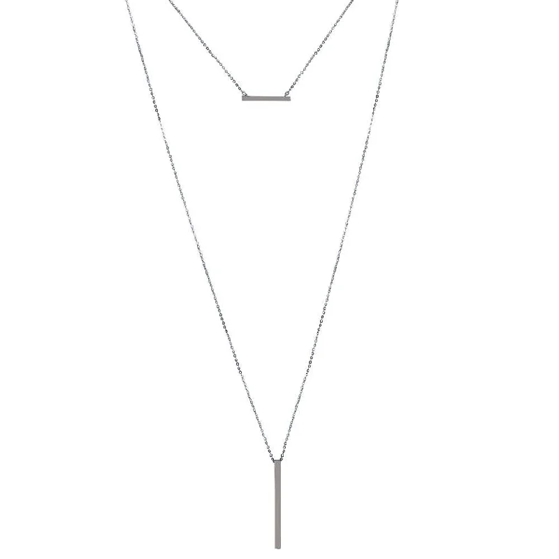 Rhodium Plated 925 Sterling Silver Drop Bar Necklace  - GMN00105