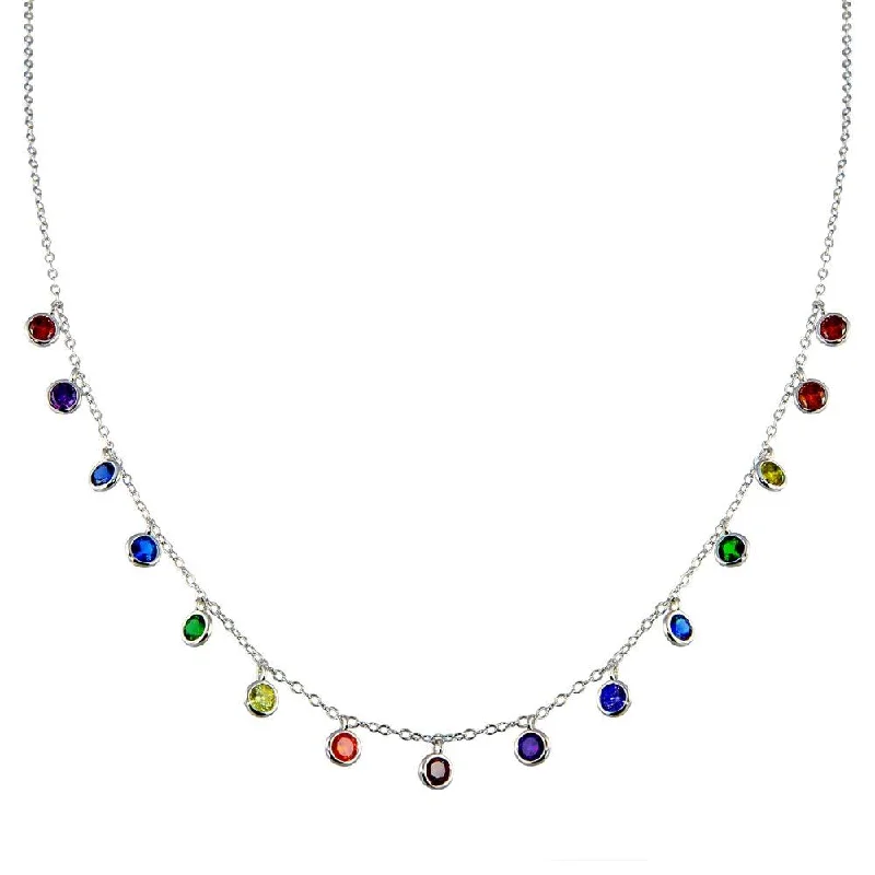 Rhodium Plated 925 Sterling Silver Multi Color CZ Necklace - BGP01370