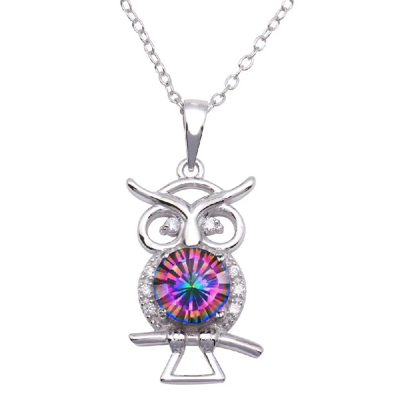 Rhodium Plated 925 Sterling Silver Mystic Topaz CZ Owl Necklace - BGP01322