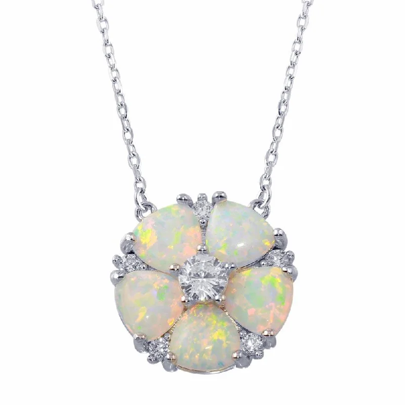 Rhodium Plated 925 Sterling Silver Opal and CZ Round Flower Necklace - BGP01342