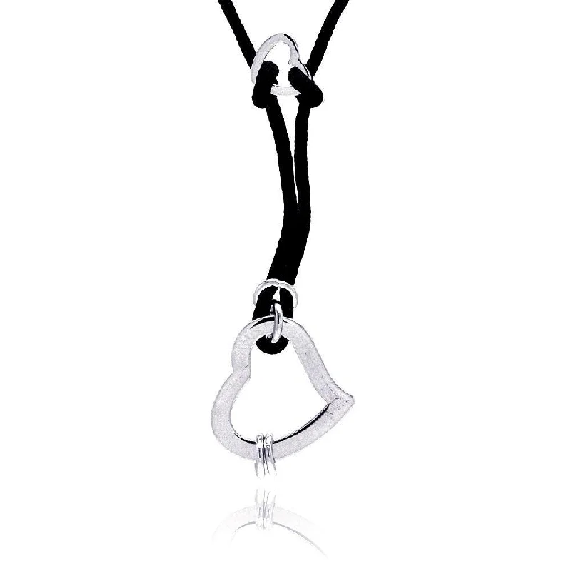 Closeout-Silver 925 Rhodium Plated Open Heart Black Cord Pendant Necklace - BGN00016