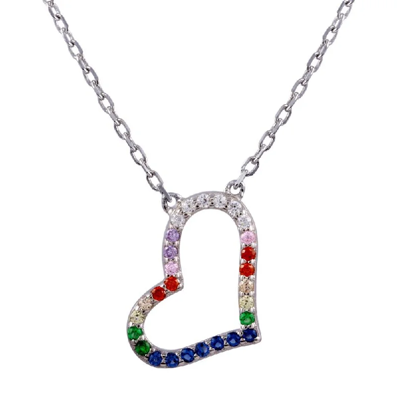 Rhodium Plated 925 Sterling Silver Open Heart Multi Color CZ Necklace - STP01760