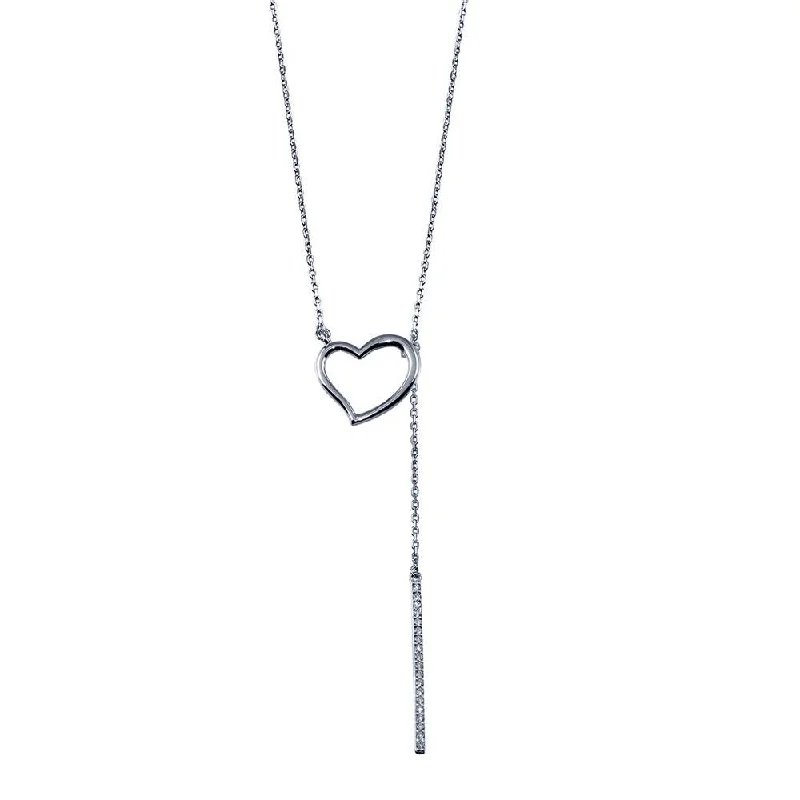 Rhodium Plated 925 Sterling Silver Open Heart Necklace with CZ Drop Bar - GMN00090