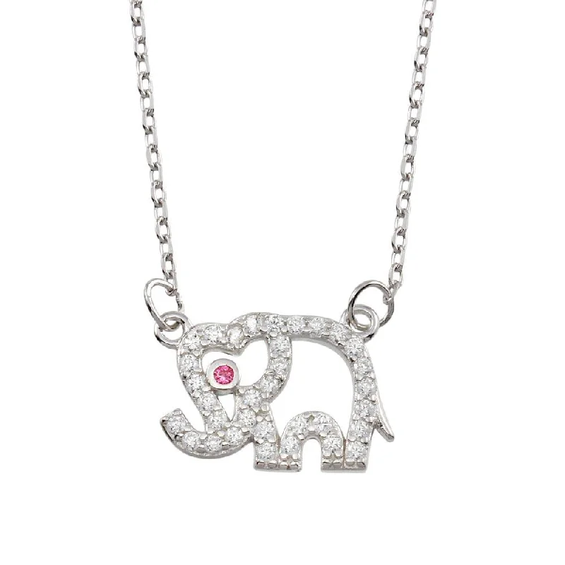 Rhodium Plated 925 Sterling Silver Outline Elephant CZ Necklace - BGP01366