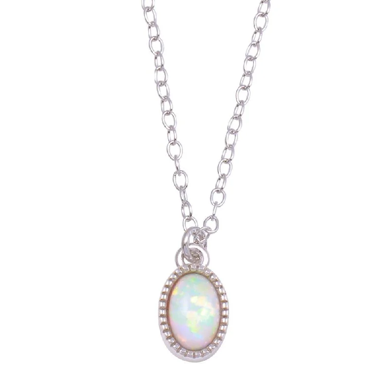 Rhodium Plated 925 Sterling Silver Oval Synthetic Opal Necklace - STP01712