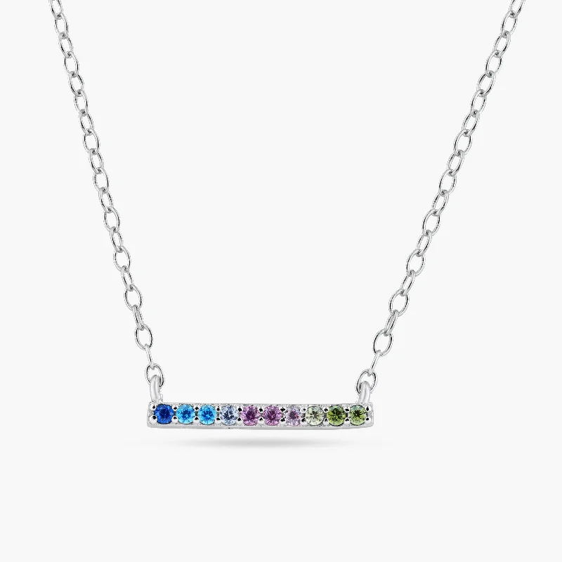 Rhodium Plated 925 Sterling Silver Rainbow Multi Color CZ Bar Necklace - STP01732