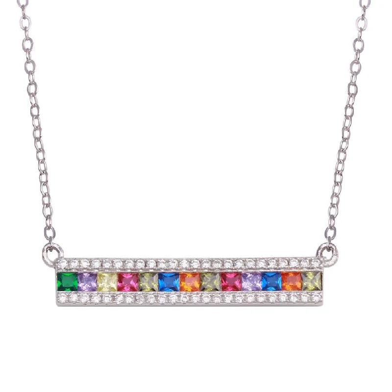 Rhodium Plated 925 Sterling Silver Rainbow Multi Color CZ Bar Necklace - STP01740