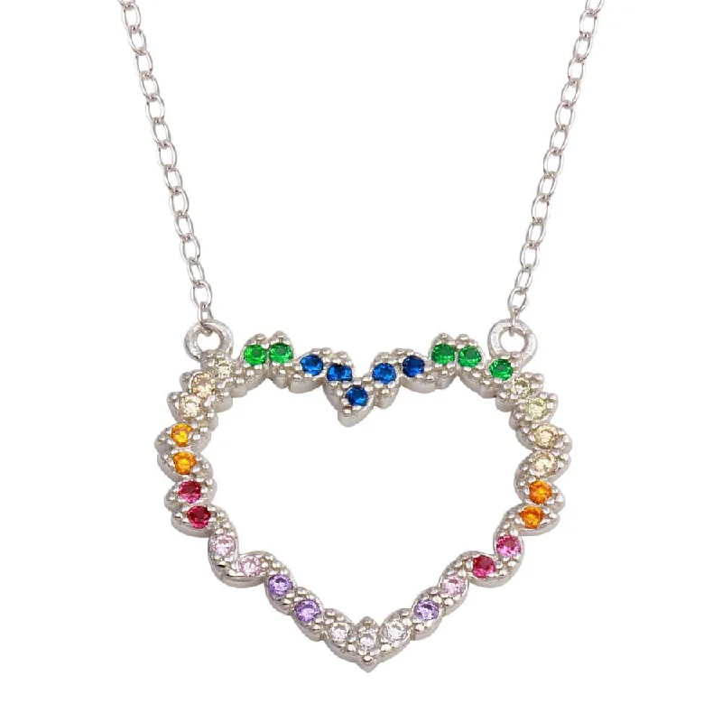 Rhodium Plated 925 Sterling Silver Rainbow Multi Color CZ Hearts Necklace - STP01745