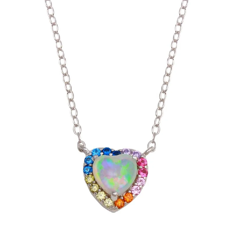 Rhodium Plated 925 Sterling Silver Rainbow Multi Color CZ Opal Hearts Necklace - STP01736