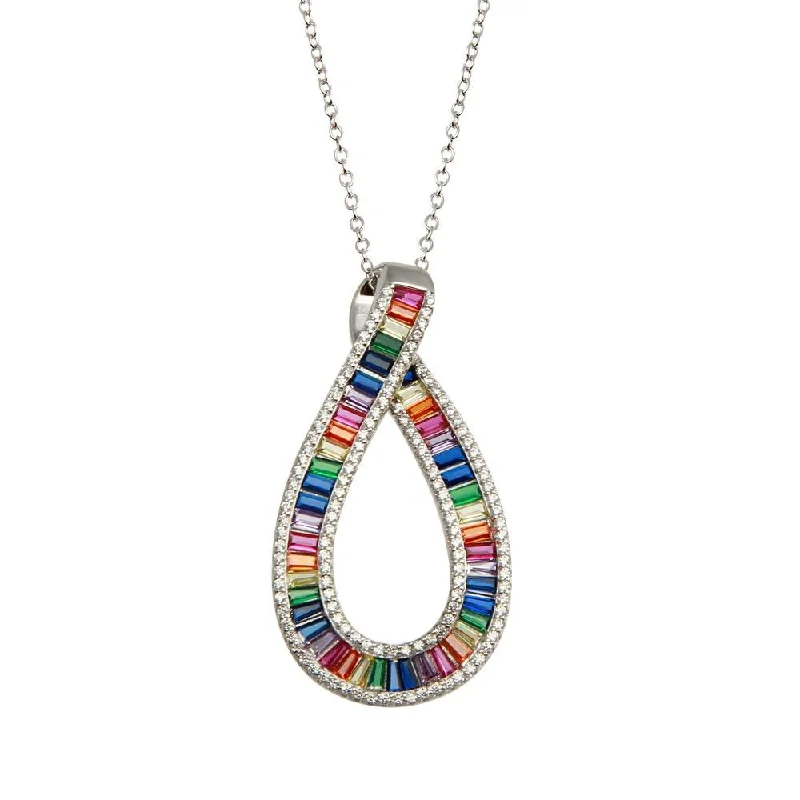 Rhodium Plated 925 Sterling Silver Rainbow Multi Color CZ Ribbon Necklace - BGP01385