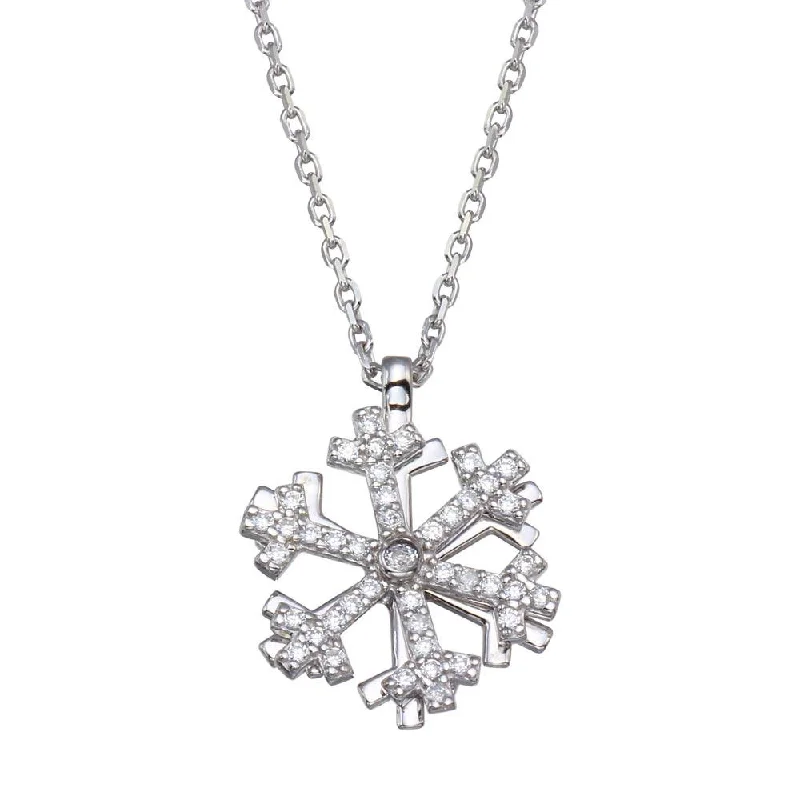 Rhodium Plated 925 Sterling Silver Rotating Snow Flake CZ Necklace - GMN00099