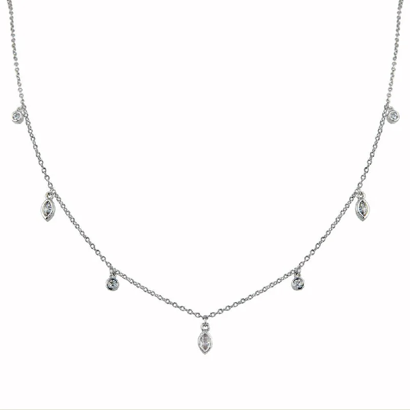 Rhodium Plated 925 Sterling Silver Round and Marquise Shape CZ Charm Necklace - BGP01345