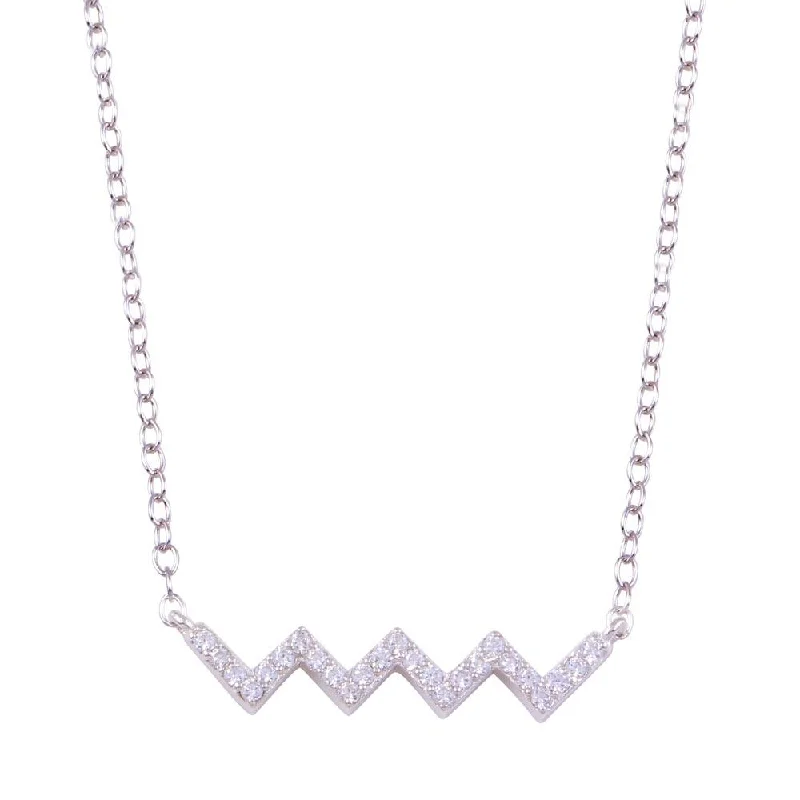 Rhodium Plated 925 Sterling Silver Round ZigZag CZ Necklace - STP01719