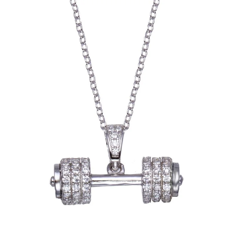 Rhodium Plated 925 Sterling Silver Small Dumbbell CZ Necklace - BGP01353