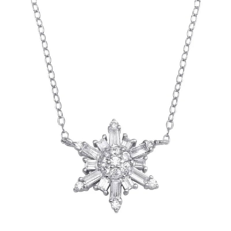 Rhodium Plated 925 Sterling Silver Snow Flakes CZ Necklace - STP01730