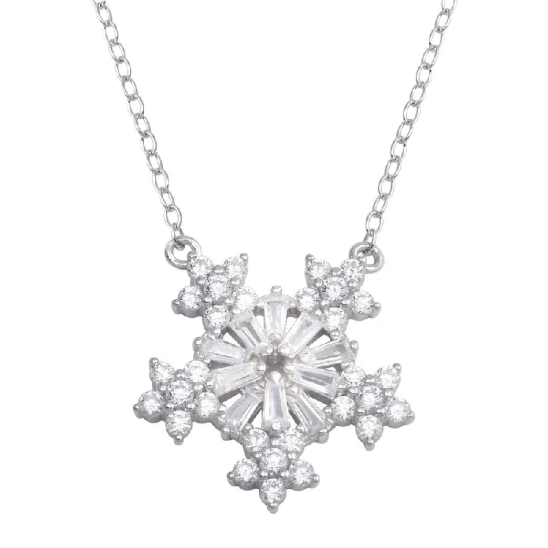 Rhodium Plated 925 Sterling Silver Snow Flakes CZ Necklace - STP01731