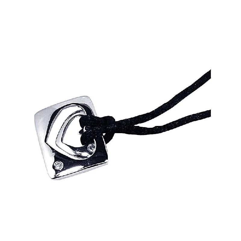 Closeout-Silver 925 Rhodium Plated Square Open Heart Clear CZ Black Cord Pendant Necklace - BGN00025