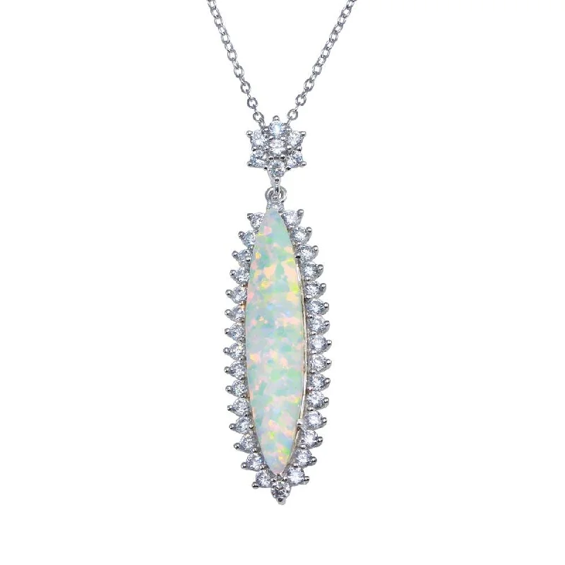 Rhodium Plated 925 Sterling Silver Teardrop Synthetic Opal Necklace with CZ - BGP01367