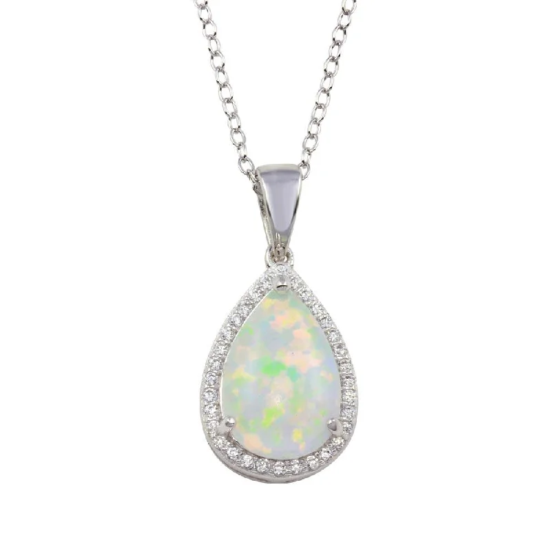 Rhodium Plated 925 Sterling Silver Teardrop Synthetic Opal Pendant Necklace with CZ - STP01711