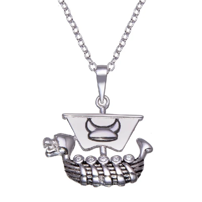 Rhodium Plated 925 Sterling Silver Viking Ship Necklace - BGP01357