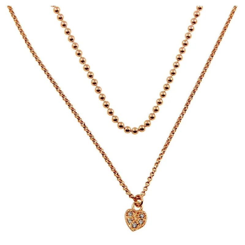 Rose Gold Plated 925 Sterling Silver Double Chain and Drop Heart Necklace - ITN00127RGP