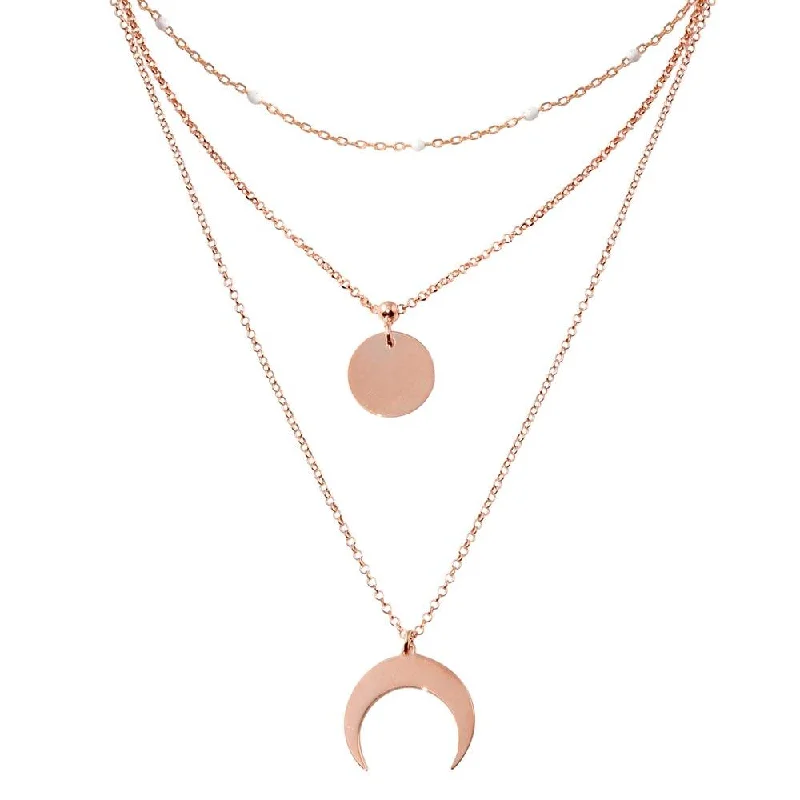 Rose Gold Plated 925 Sterling Silver Multi Chain White Enamel Beaded Disc and Crescent Necklace - ECN00065RGP